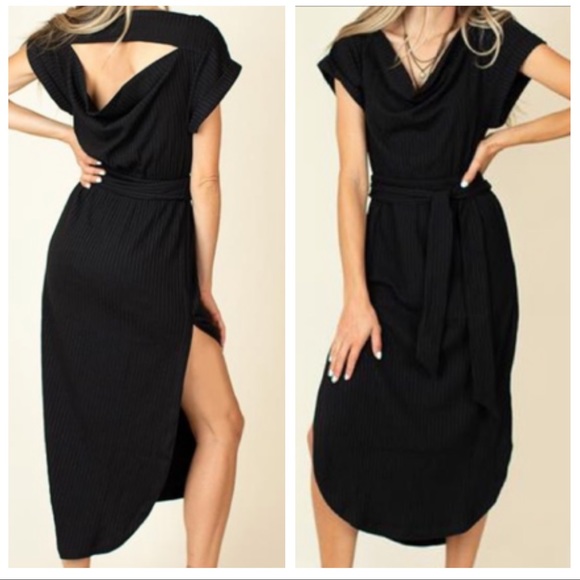 Joyfolie Dresses & Skirts - Joyfolie Marnie Ribbed Midi Dress Back Cutout Tie Belt Black M